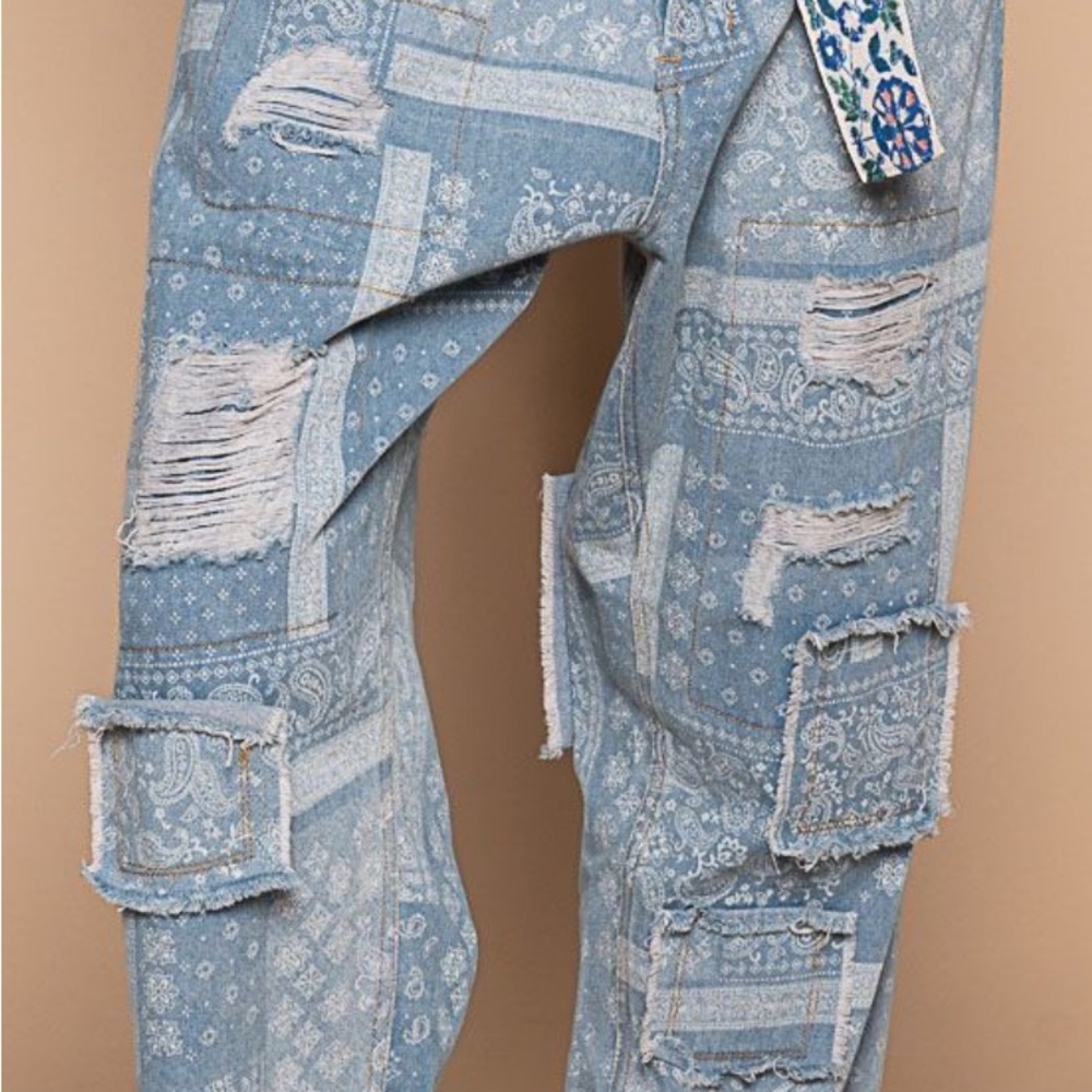 Pol Nwot Paisley Patchwork Distressed Denim Size … - image 1